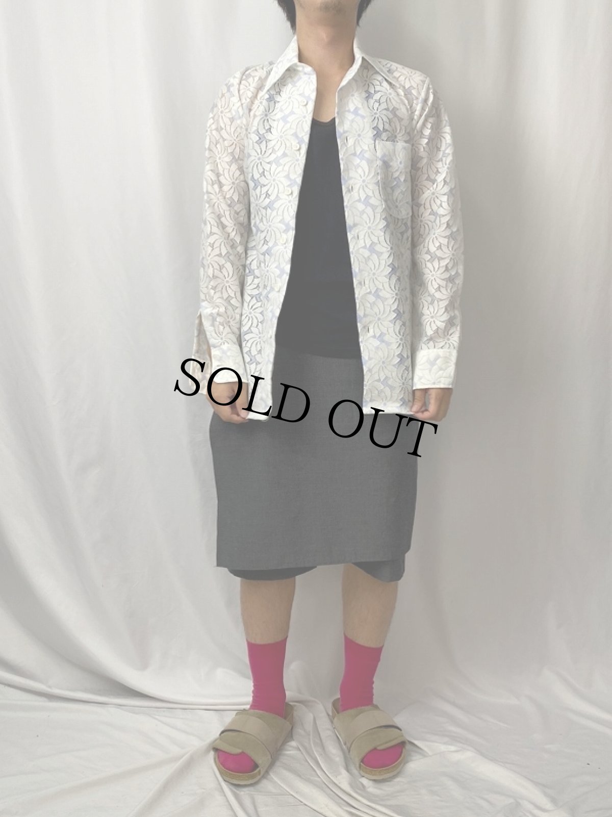 画像2: 70's CareerClub USA製 花柄レースシャツ M (2)