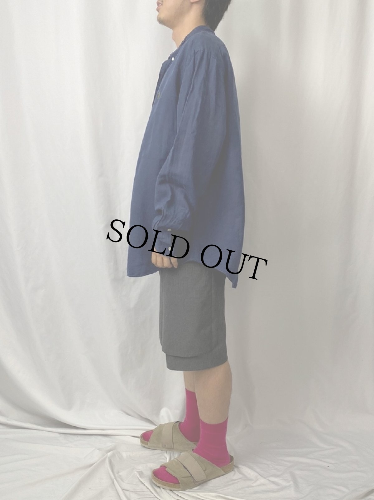 画像3: POLO Ralph Lauren "CLASSIC FIT" リネン×シルク ロゴ刺繍ボタンダウンシャツ NAVY XL (3)