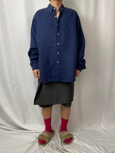 画像2: POLO Ralph Lauren "CLASSIC FIT" リネン×シルク ロゴ刺繍ボタンダウンシャツ NAVY XL (2)