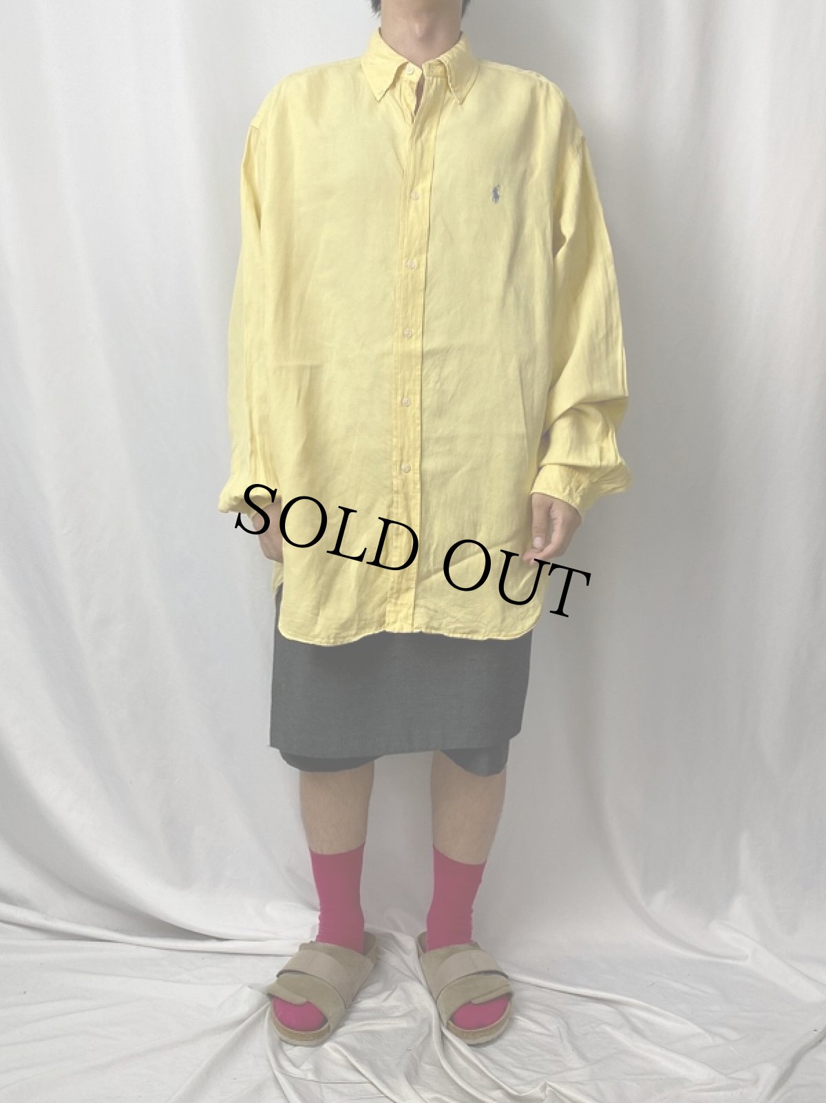 画像2: POLO Ralph Lauren "BLAKE" シルク×リネン ロゴ刺繍ボタンダウンシャツ L (2)