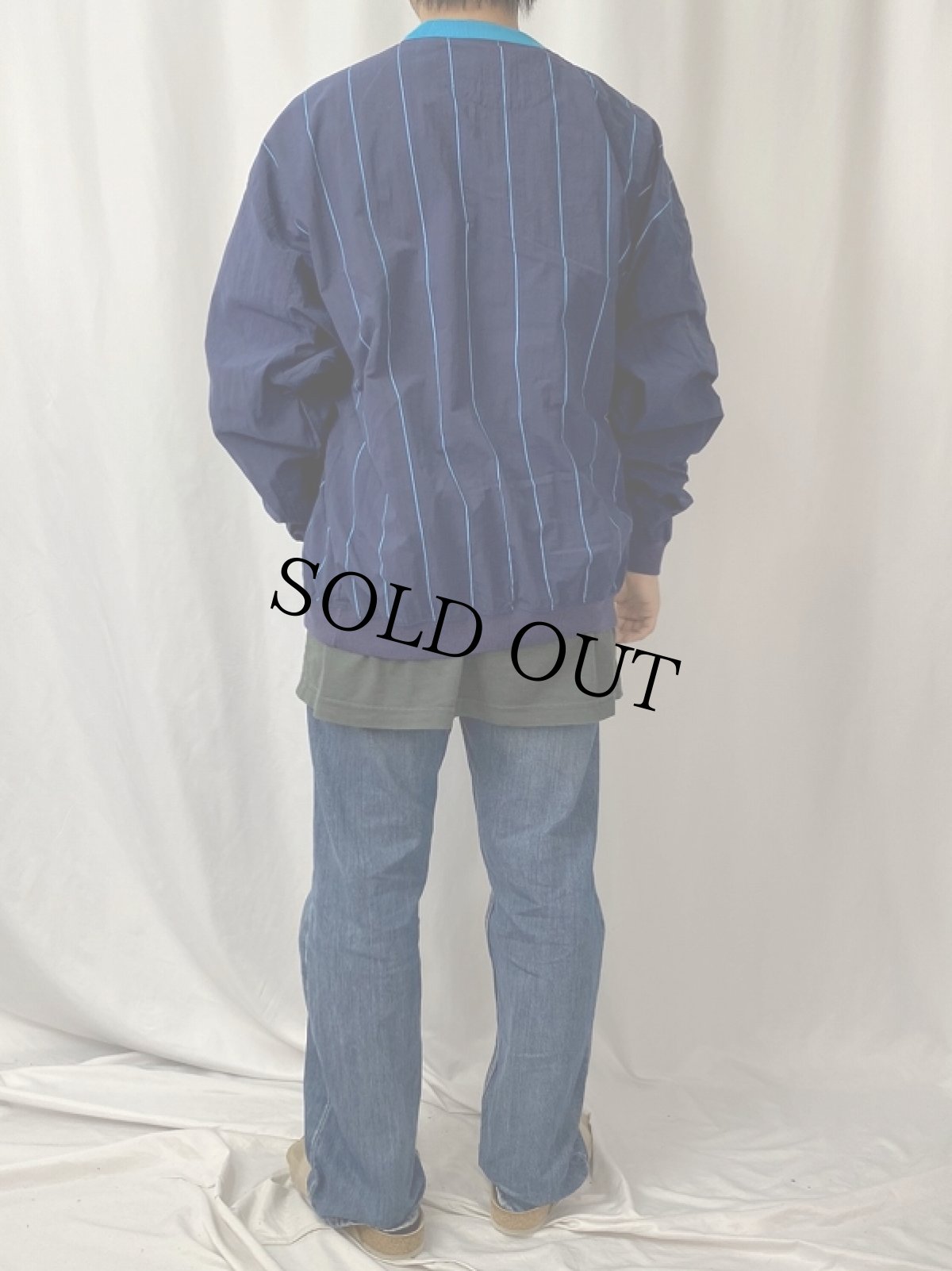 画像4: 90's Eddie Bauer ストライプ柄 ナイロンプルオーバー NAVY XL (4)