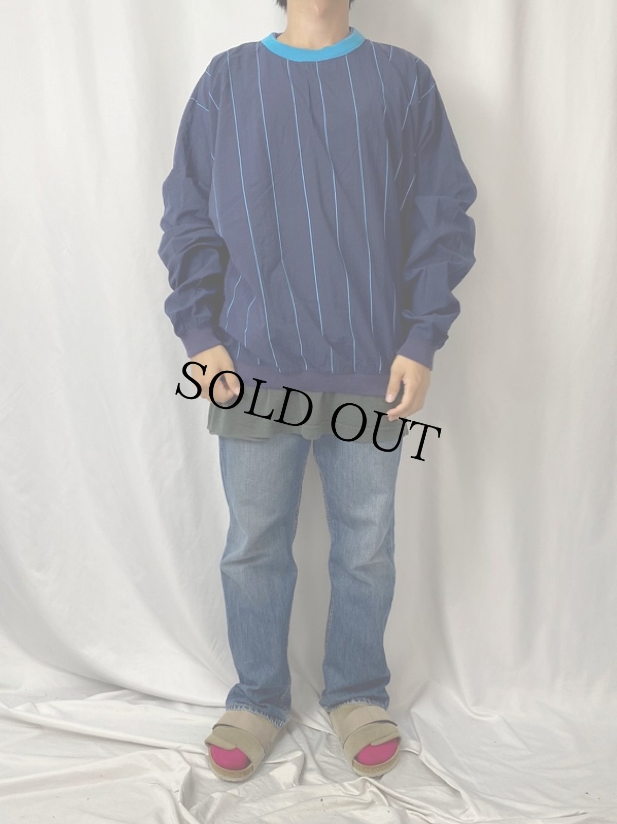 画像2: 90's Eddie Bauer ストライプ柄 ナイロンプルオーバー NAVY XL (2)