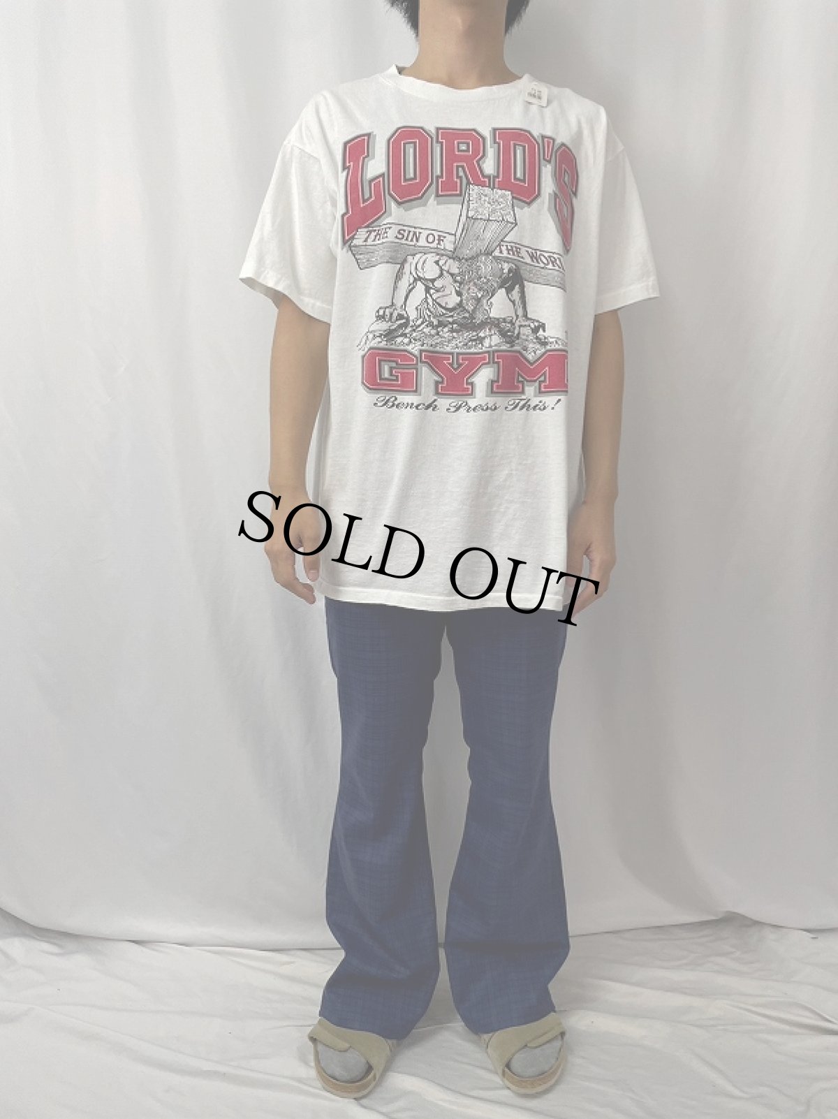 画像3: 90's LORD'S GYM USA製 "HIS PAIN YOUR GAIN" ジーザスパロディプリントTシャツ XL (3)