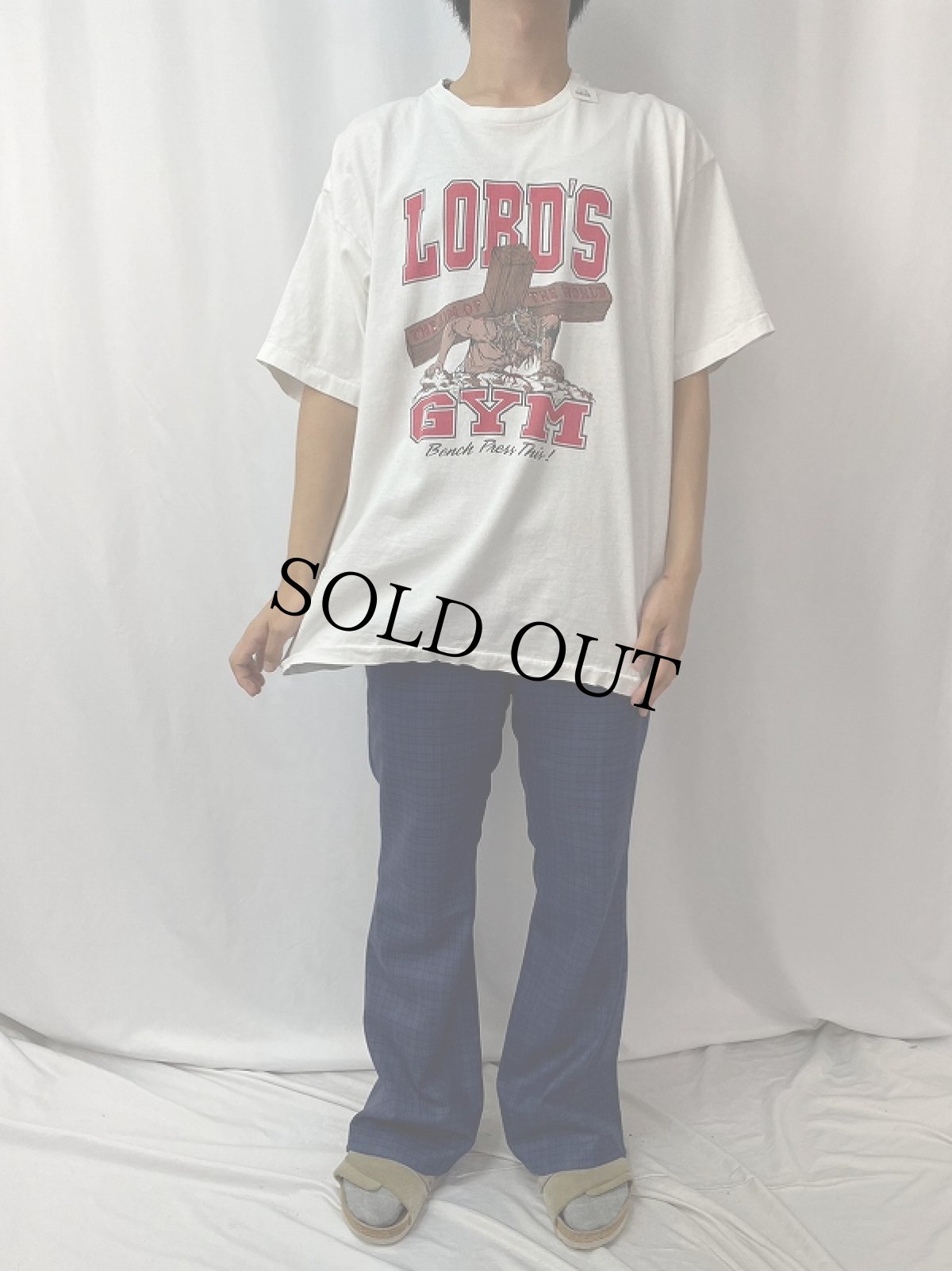 画像2: 90's LORD'S GYM USA製 "Bench Press This!" ジーザスパロディプリントTシャツ XL (2)