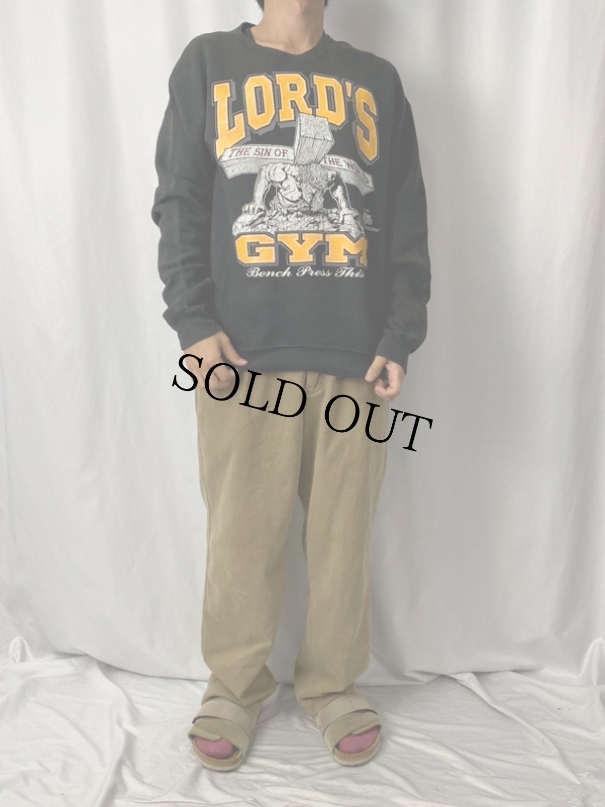 画像3: 90's LORD'S GYM USA製 "Bench Press This!" ジーザスパロディプリントスウェット BLACK L (3)