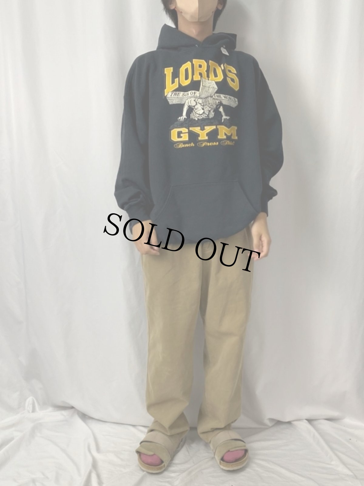 画像2: 90's LORD'S GYM "Bench Press This!" ジーザスパロディプリントパーカー BLACK 2X (2)