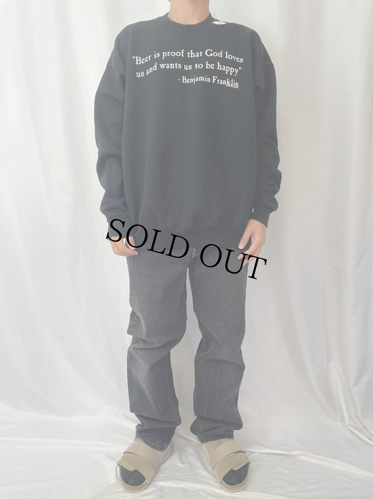 画像2: 90's Benjamin Franklin "Beer id proof..." 名言プリントスウェット BLACK XL (2)
