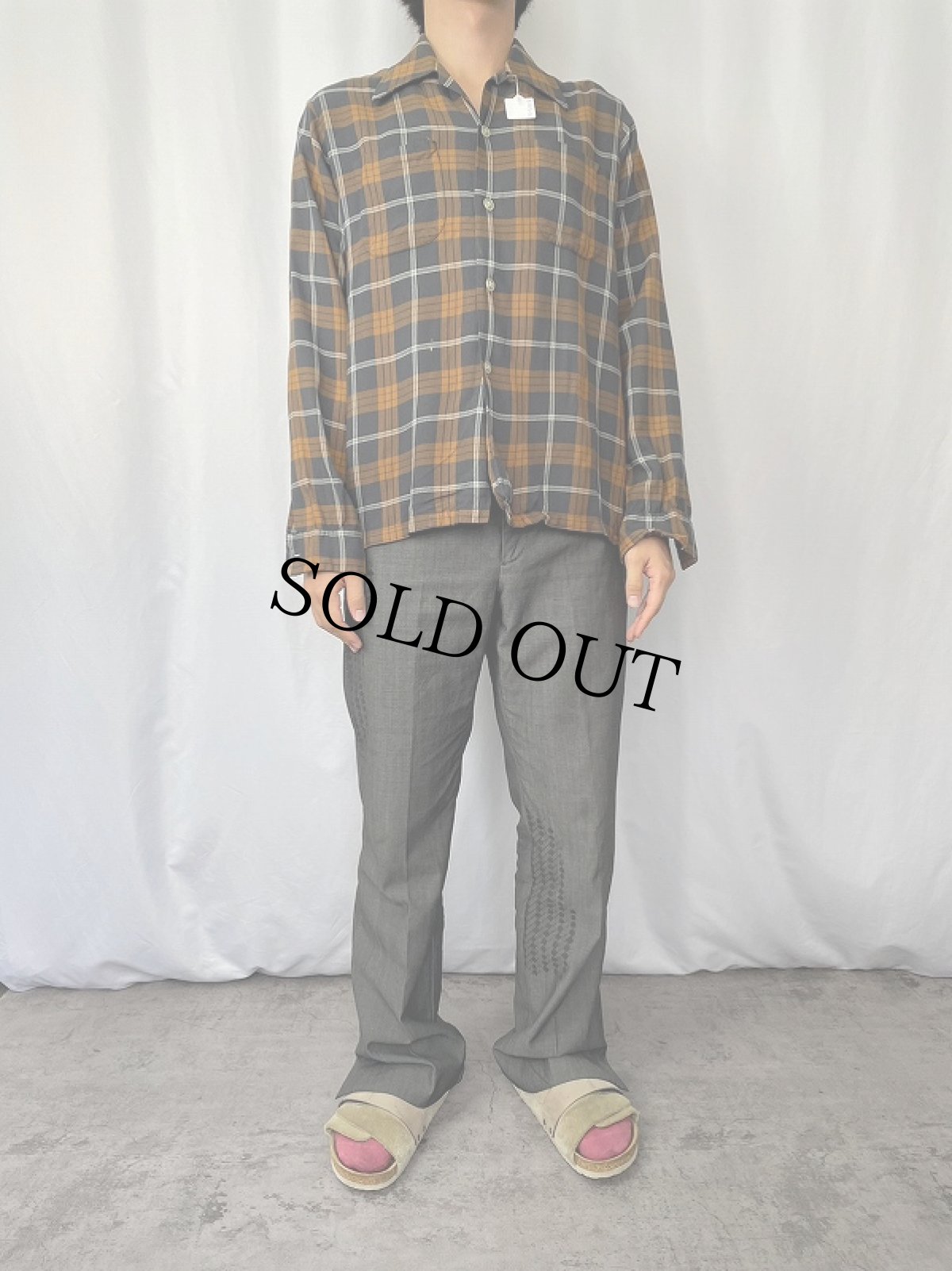 画像2: 60's KENTFIELD チェック柄 レーヨン×アセテート オープンカラーシャツ M (2)