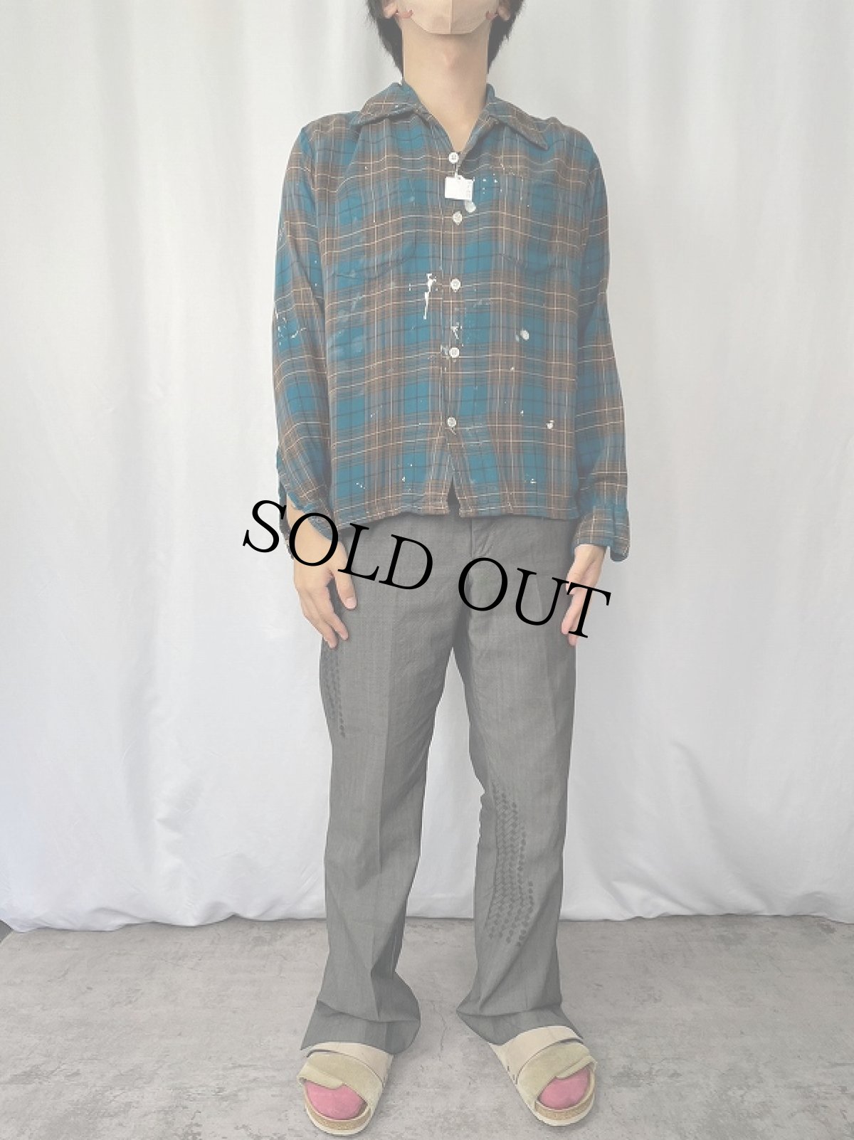 画像2: 70's TOWNCRAFT JCPenny チェック柄 ペンキペイントレーヨンオープンカラーシャツ M (2)