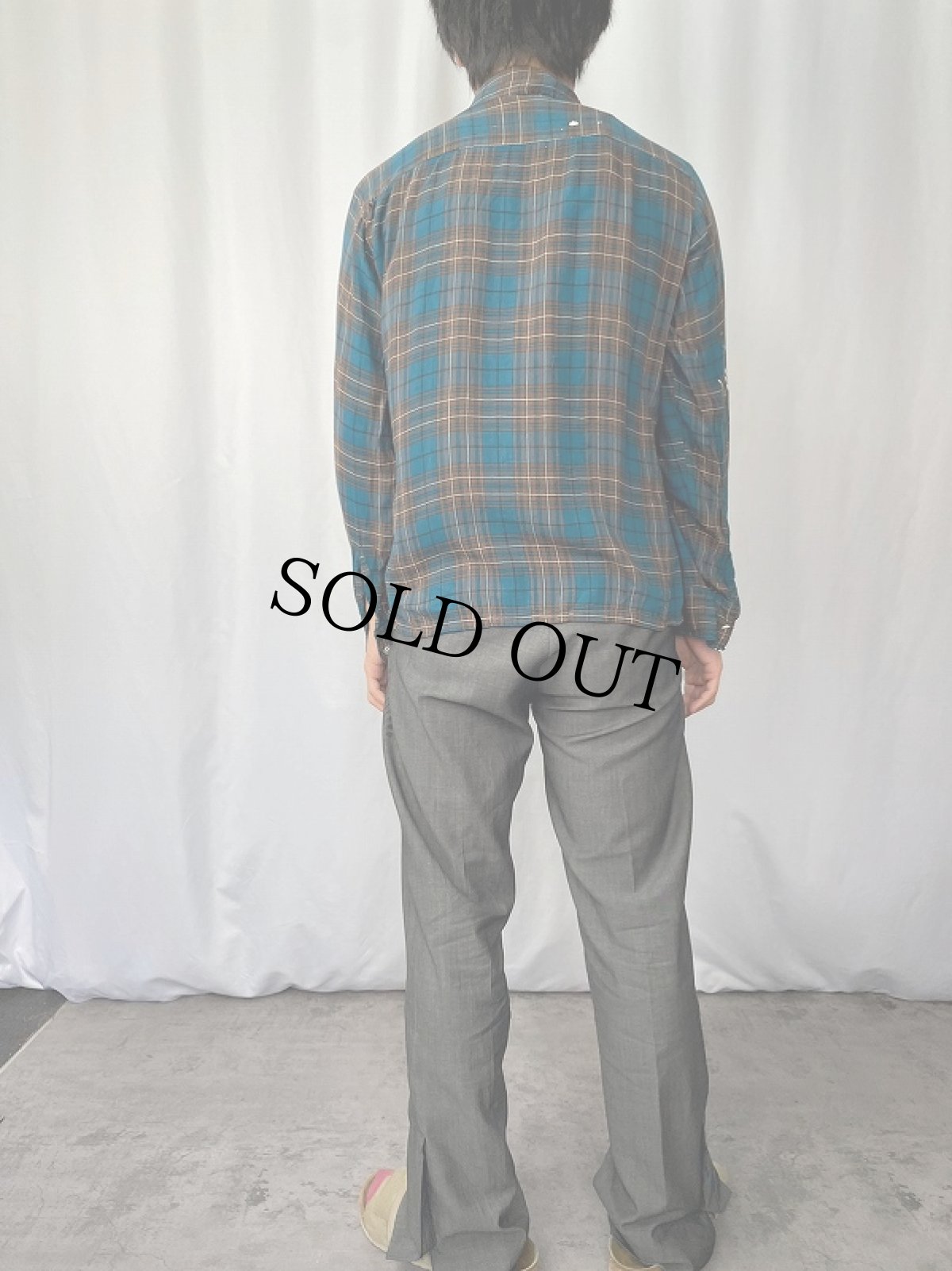 画像3: 70's TOWNCRAFT JCPenny チェック柄 ペンキペイントレーヨンオープンカラーシャツ M (3)