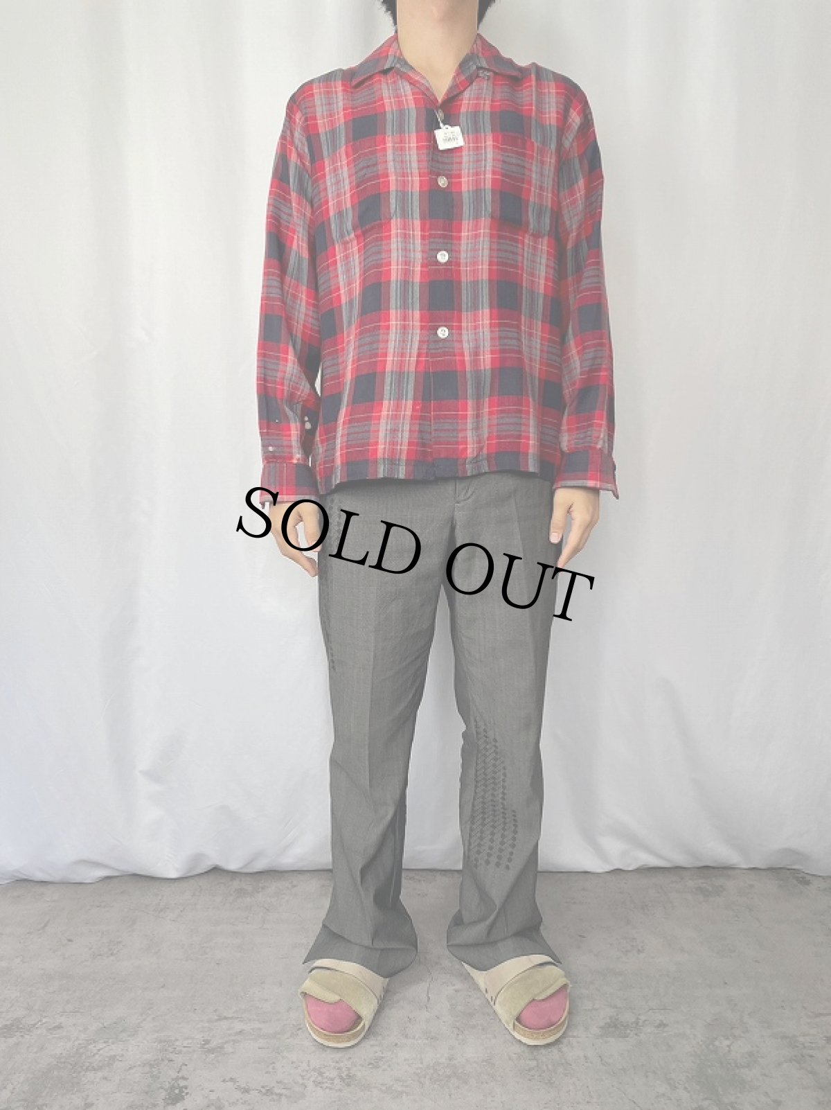 画像2: 50〜60's HUGHES&HATCHER チェック柄レーヨンオープンカラーシャツ M (2)