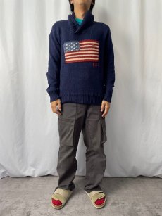 画像2: 90's POLO Ralph Lauren 星条旗柄 リネン×コットン×シルク ショールカラーニットセーター NAVY S (2)