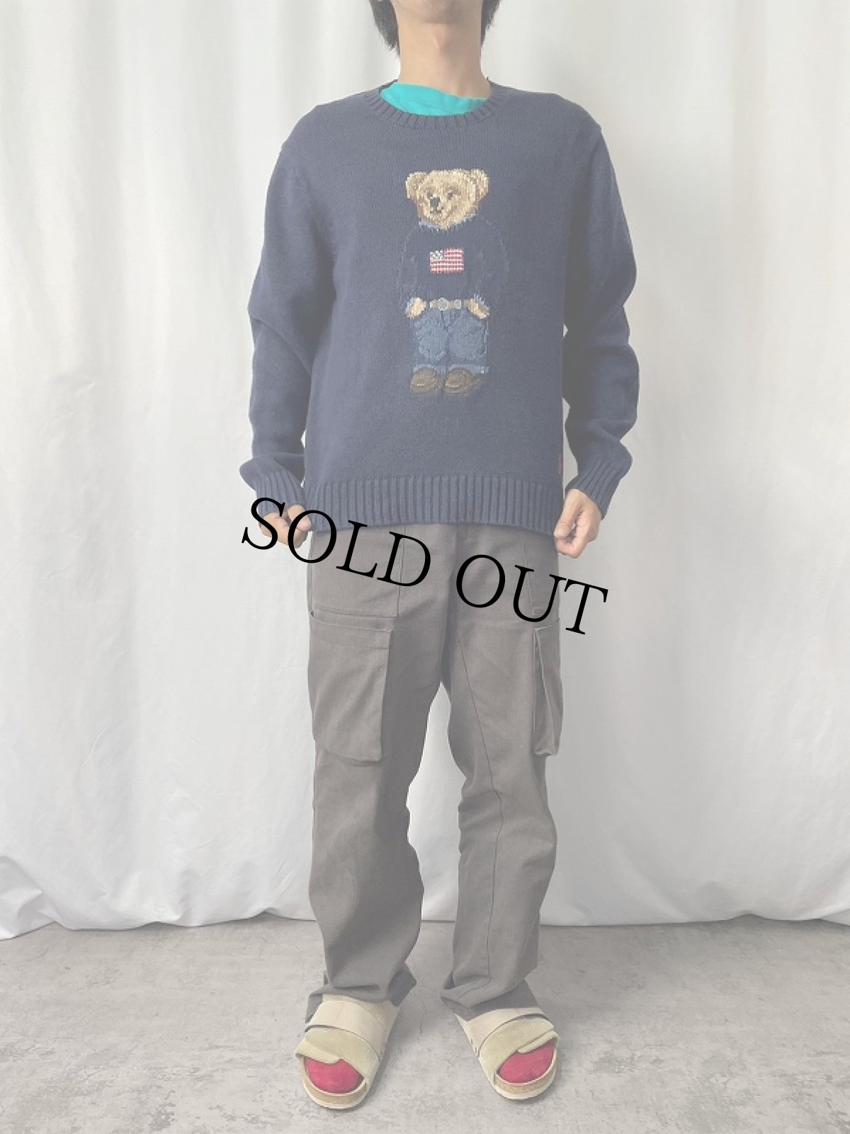 画像2: POLO Ralph Lauren "RL" ポロベア コットン×リネン ニットセーター NAVY L (2)