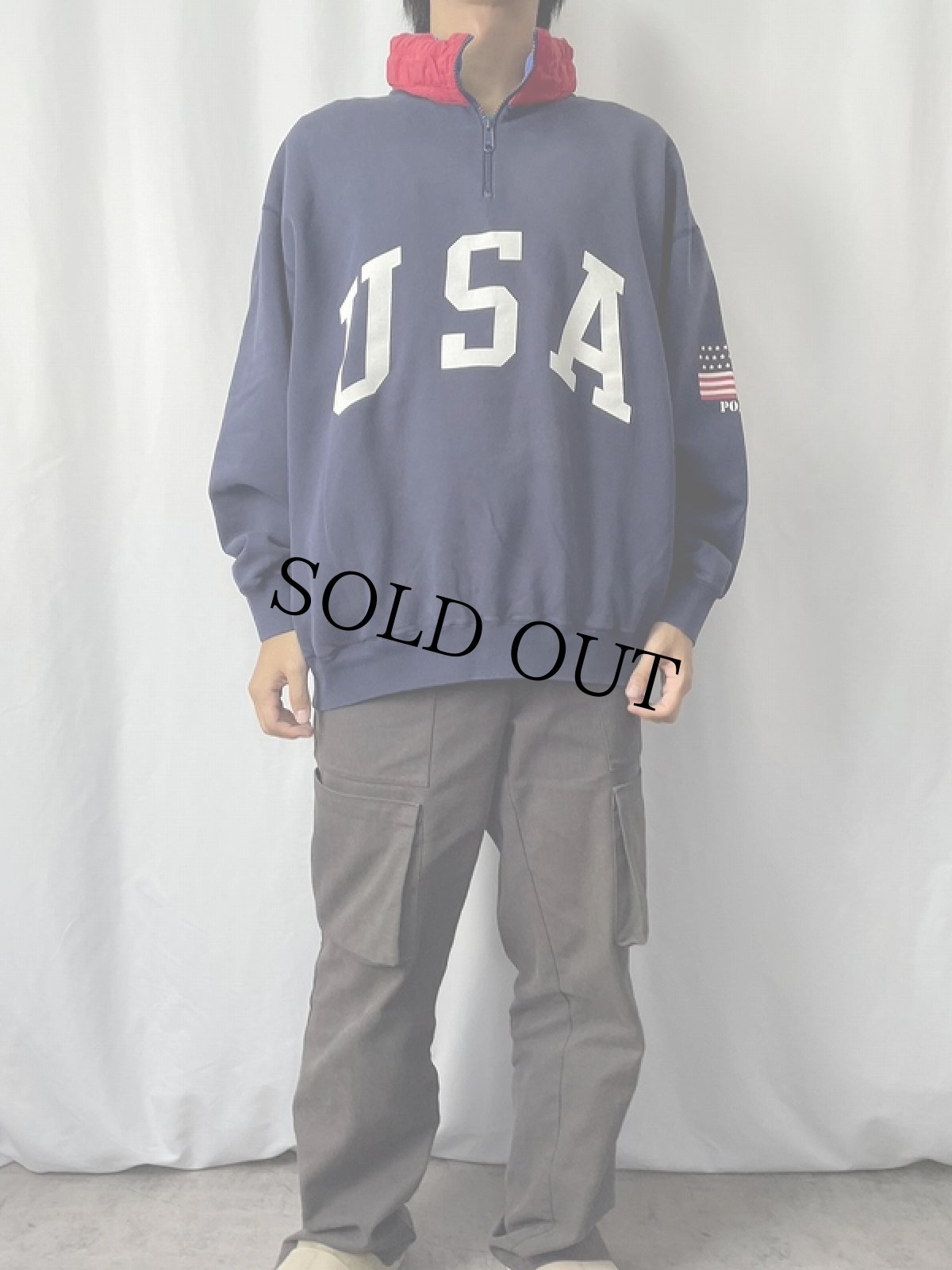 画像2: 90's POLO Ralph Lauren "USA" フード付き ハーフジップ星条旗プリントスウェット NAVY L (2)
