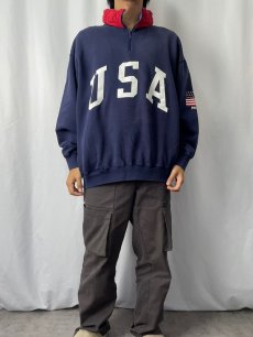 画像2: 90's POLO Ralph Lauren "USA" フード付き ハーフジップ星条旗プリントスウェット NAVY L (2)