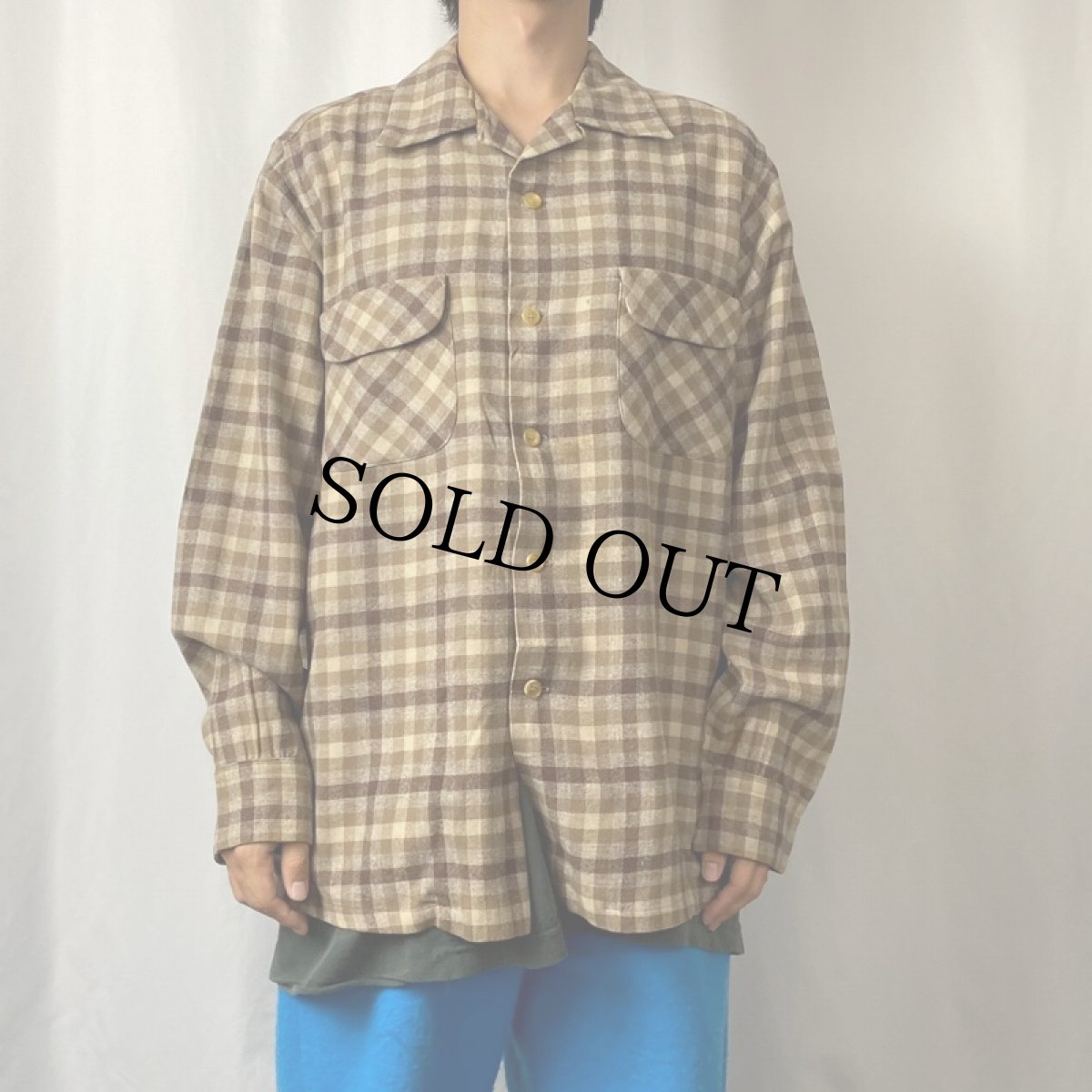 画像2: 50's PENDLETON チェック柄 オープンカラーウールシャツ L (2)