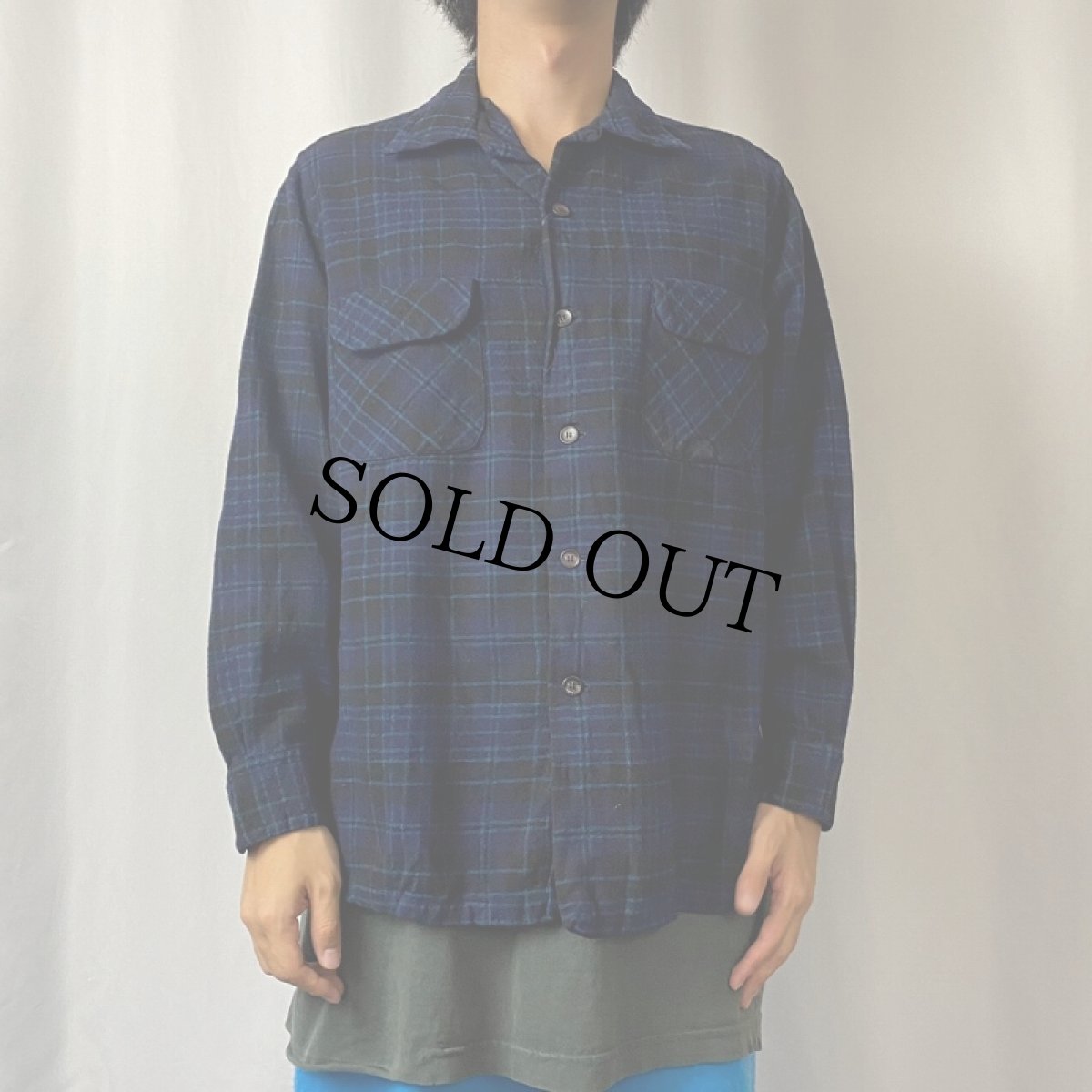 画像2: 50's PENDLETON チェック柄 オープンカラーウールシャツ L (2)