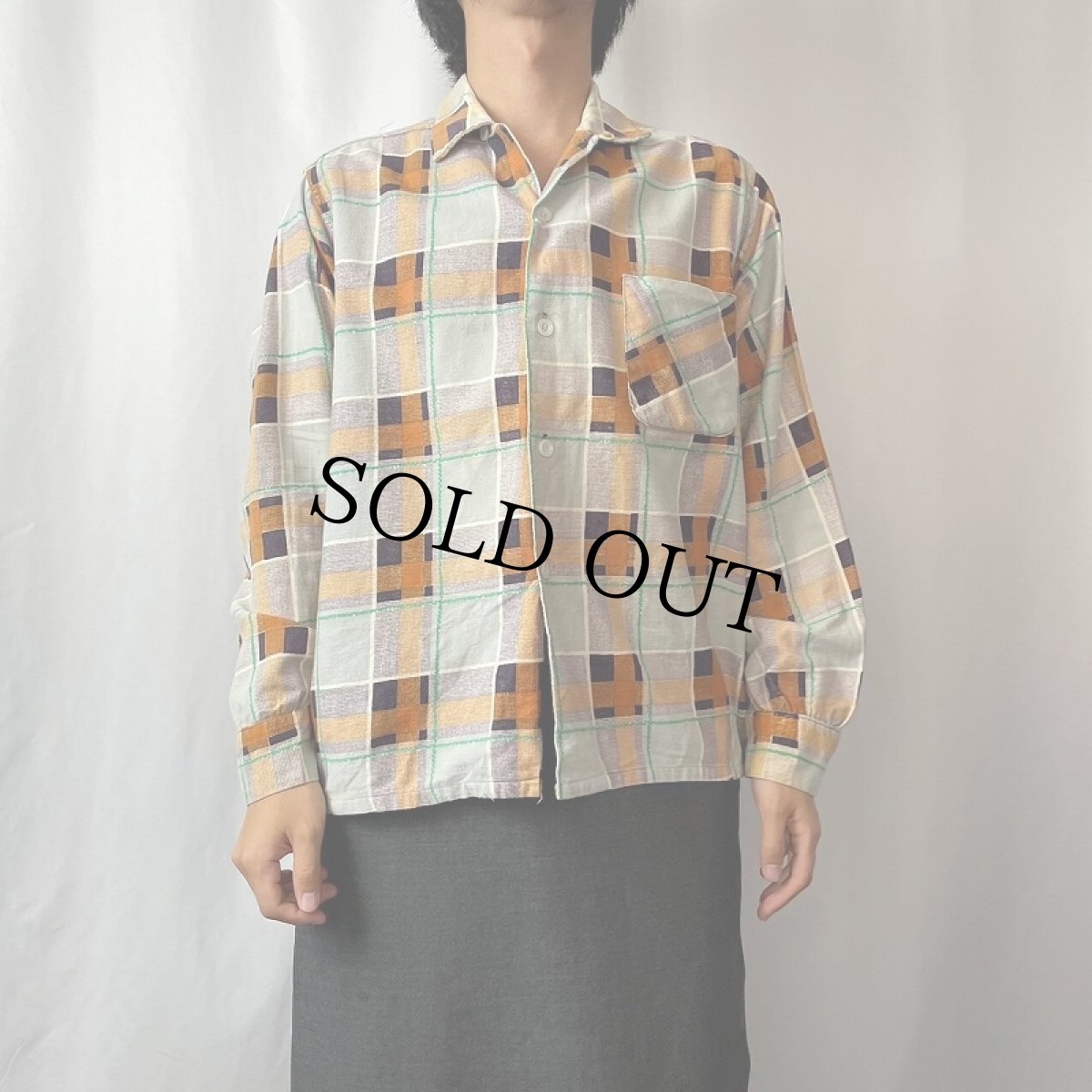 画像2: 50〜60's Donlin チェック柄 オープンカラープリントネルシャツ M (2)