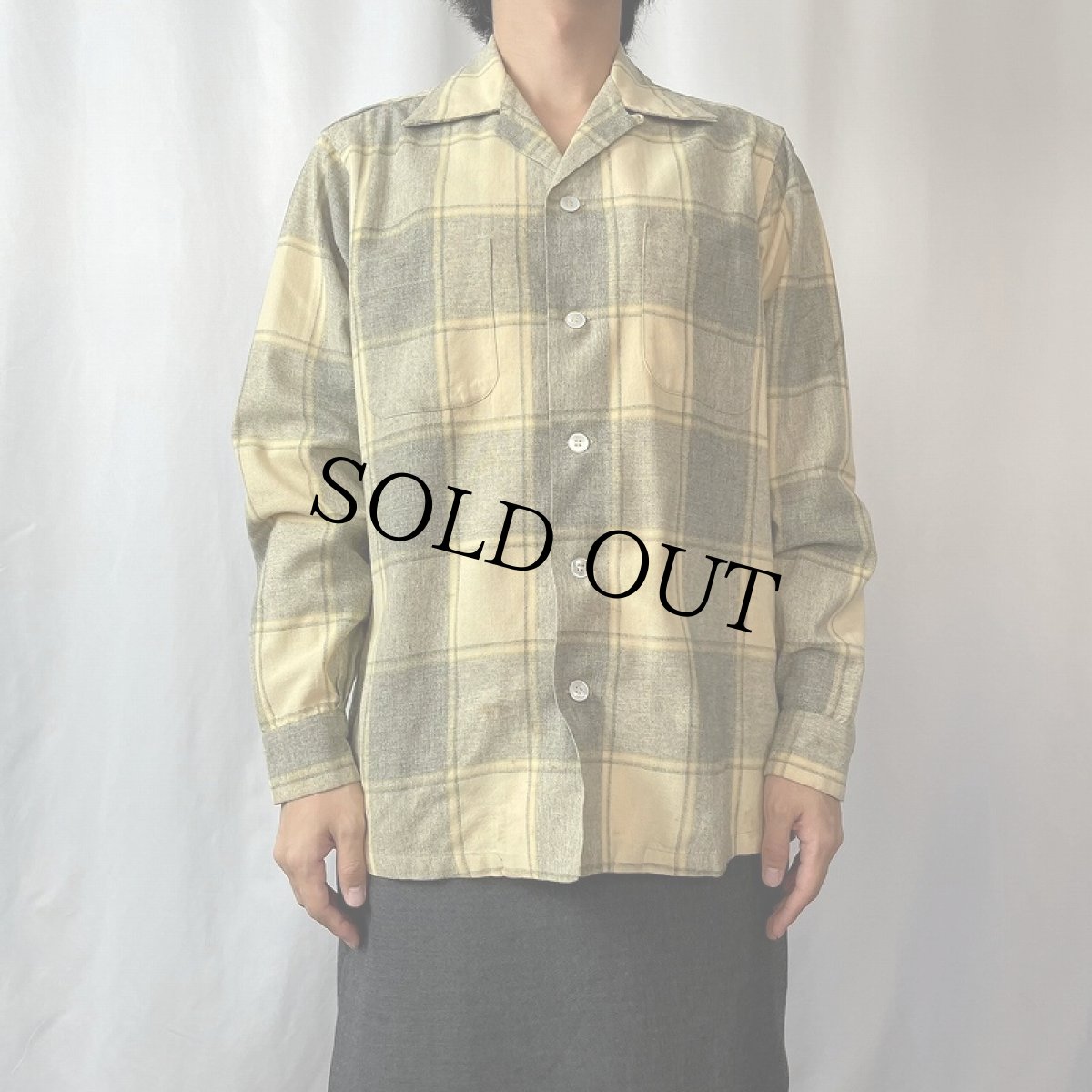 画像2: 50〜60's Excello USA製 チェック柄 ウールオープンカラーシャツ M (2)