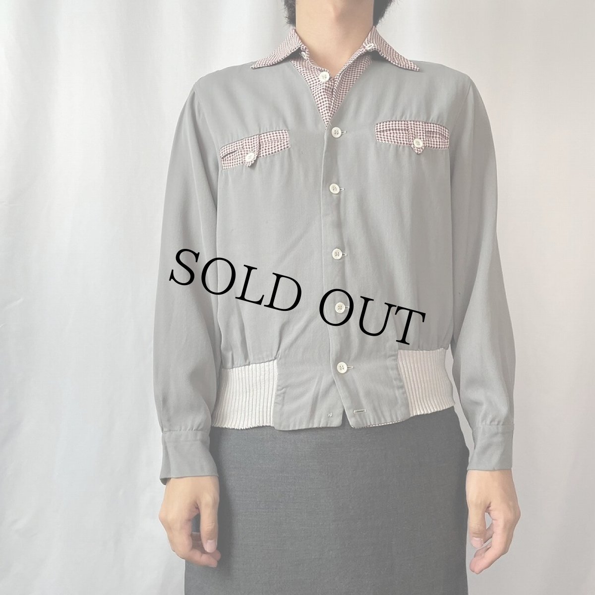 画像2: 50's deauville 千鳥格子柄 切り替えデザインレーヨンギャバジンシャツ S (2)