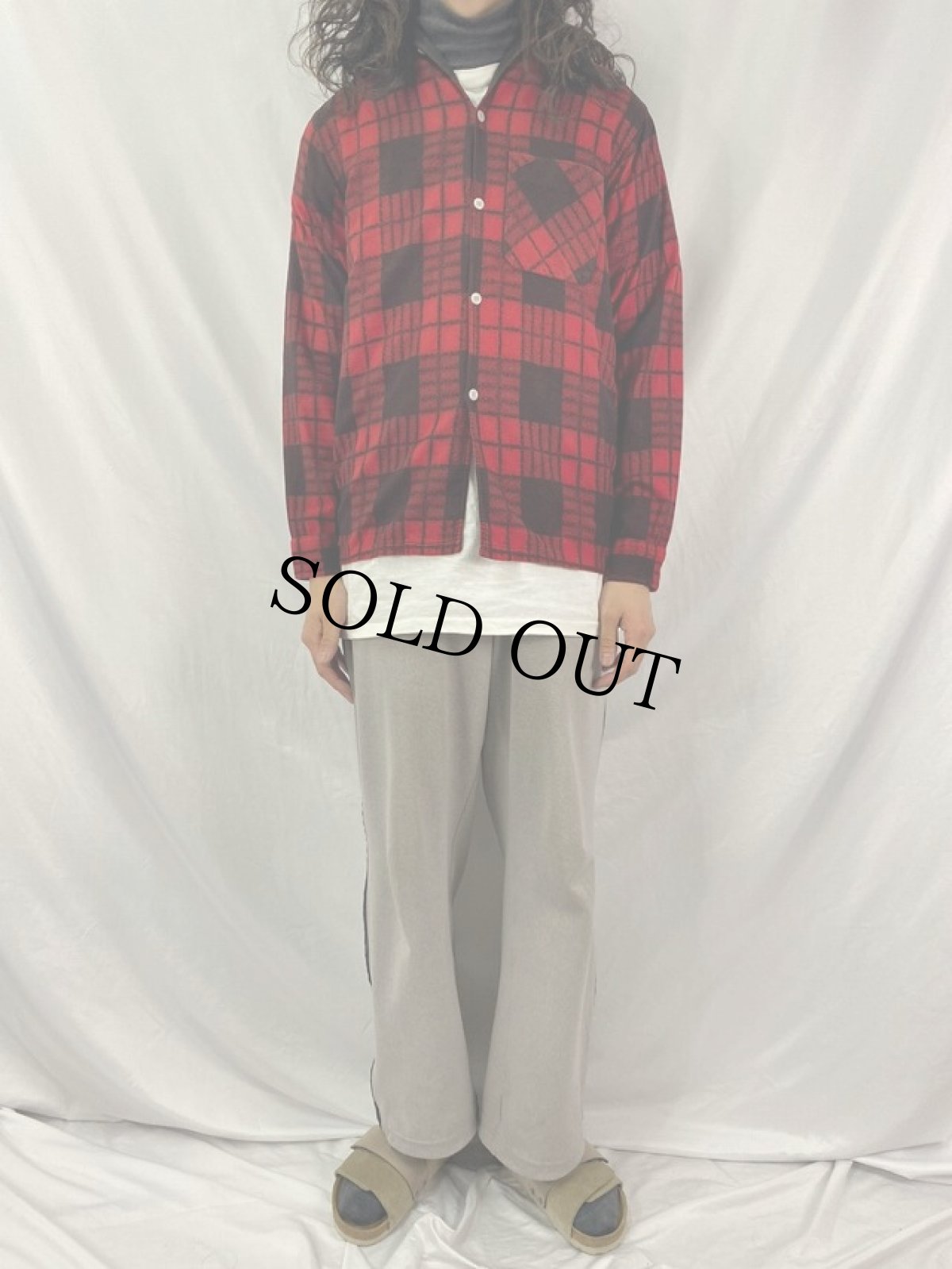 画像2: 50〜60's Parisano チェック柄 イタリアンカラー プリントネルシャツ S (2)