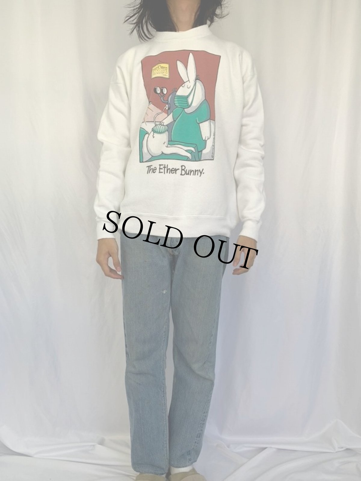 画像2: 90's USA製 "The Ether Bunny." シュールイラストプリントスウェット XL (2)
