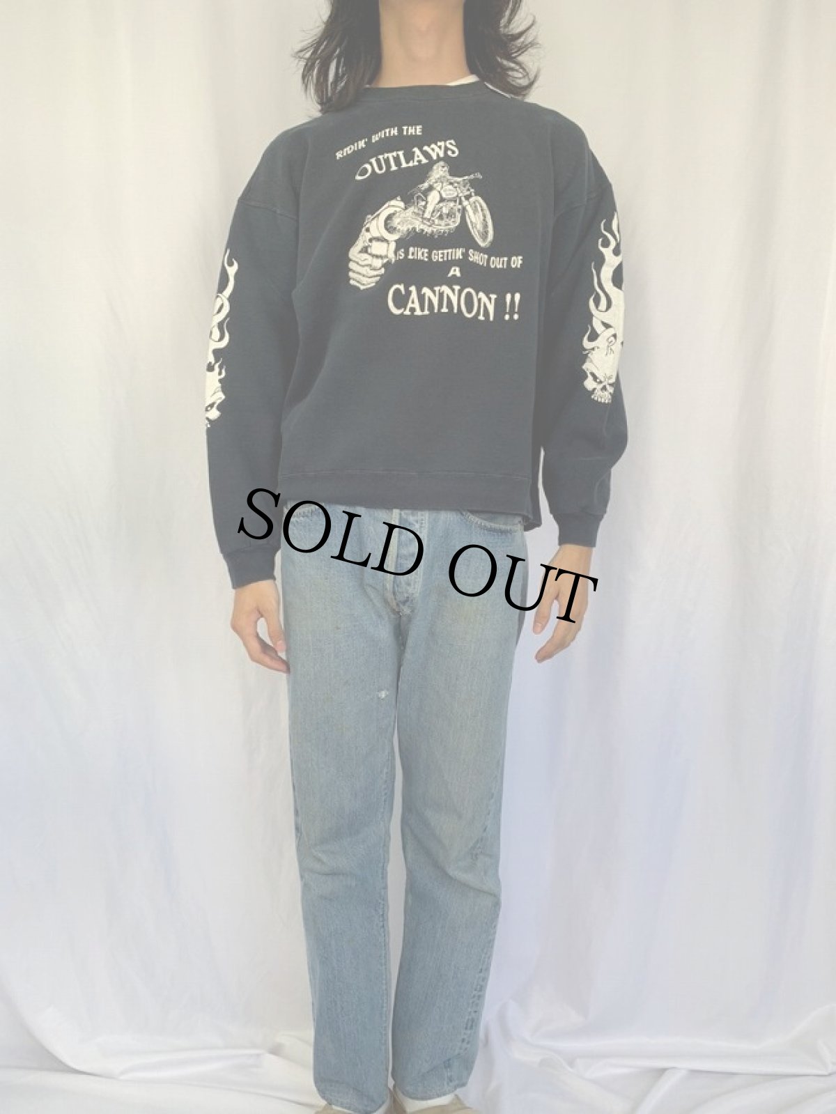 画像2: スカル×ファイヤーパターン袖プリント バイクプリントスウェット XL (2)