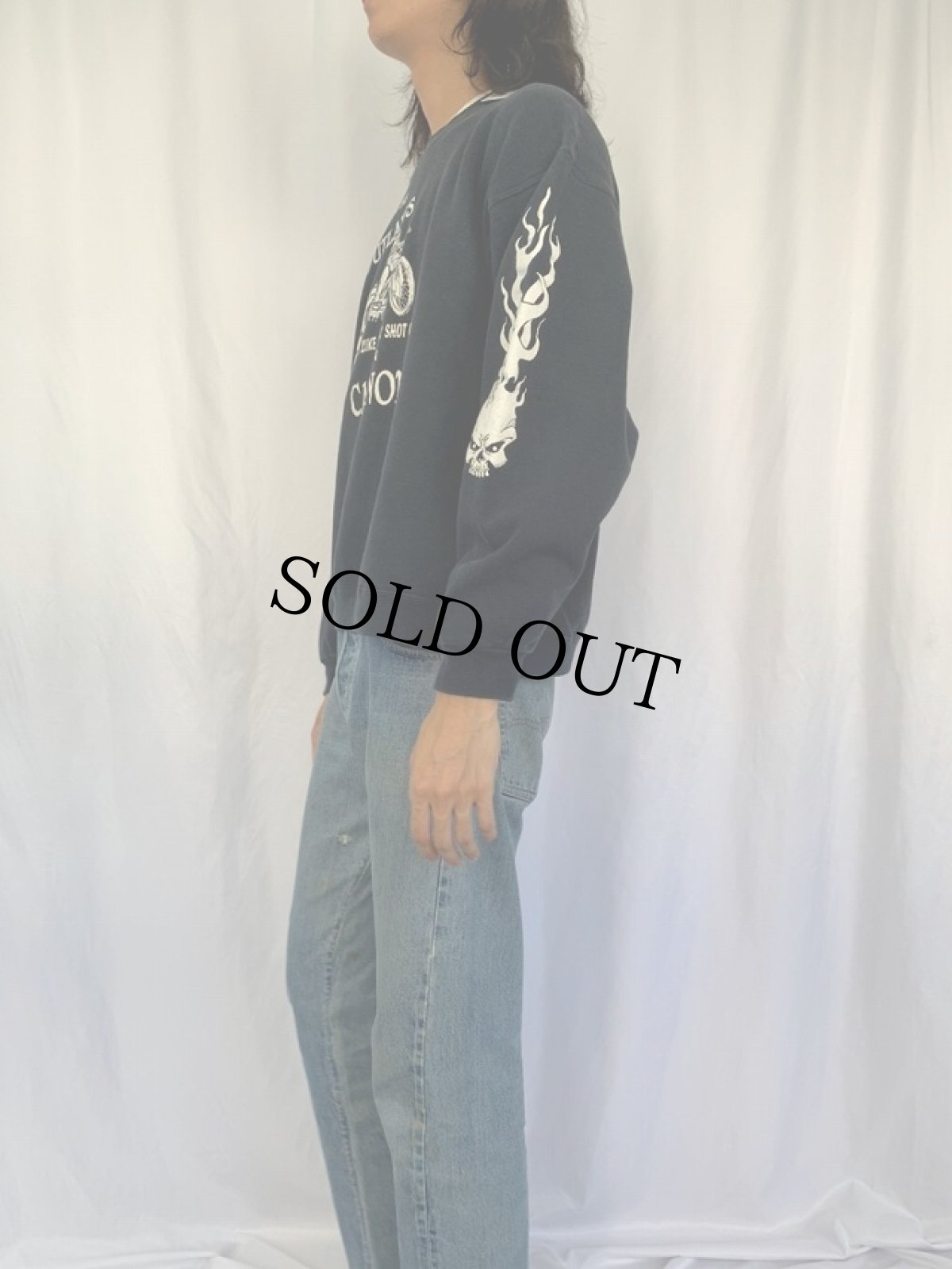 画像3: スカル×ファイヤーパターン袖プリント バイクプリントスウェット XL (3)