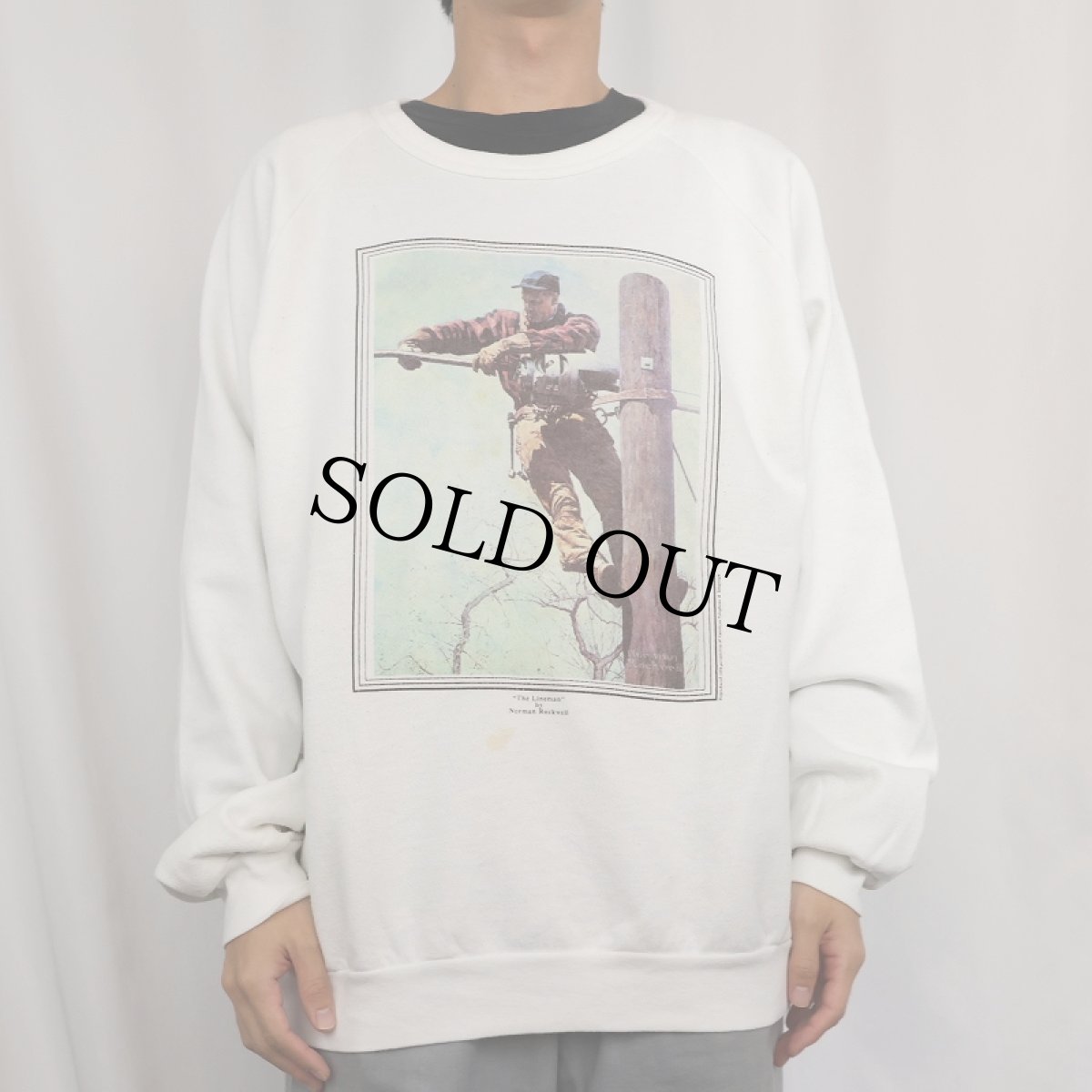 画像2: 80's Norman Rockwell USA製 "The Lineman" アートプリントラグランスウェット XXL (2)