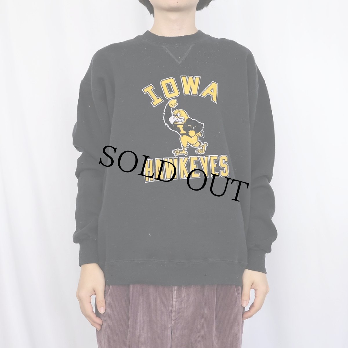 画像2: 80's RUSSELL ATHLETIC USA製 "IOWA"  前V フロッキープリントスウェット BLACK XL (2)