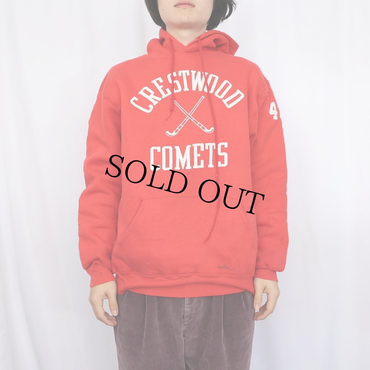 画像2: 80's RUSSELL ATHLETIC USA製 "CREST WOOD COMETS" ダブルフェイス プリントスウェットフーディー L (2)