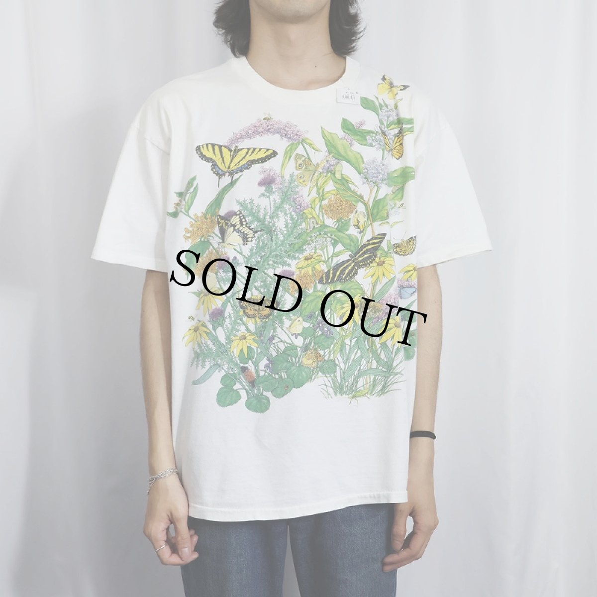 画像2: 90's 花×蝶 イラスト 大判プリントTシャツ XL (2)