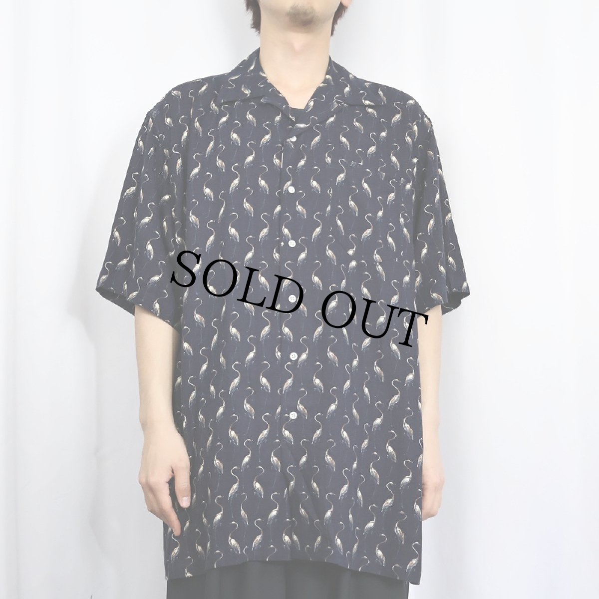 画像2: 90's POLO Ralph Lauren フラミンゴ柄 レーヨンオープンカラーシャツ NAVY M (2)