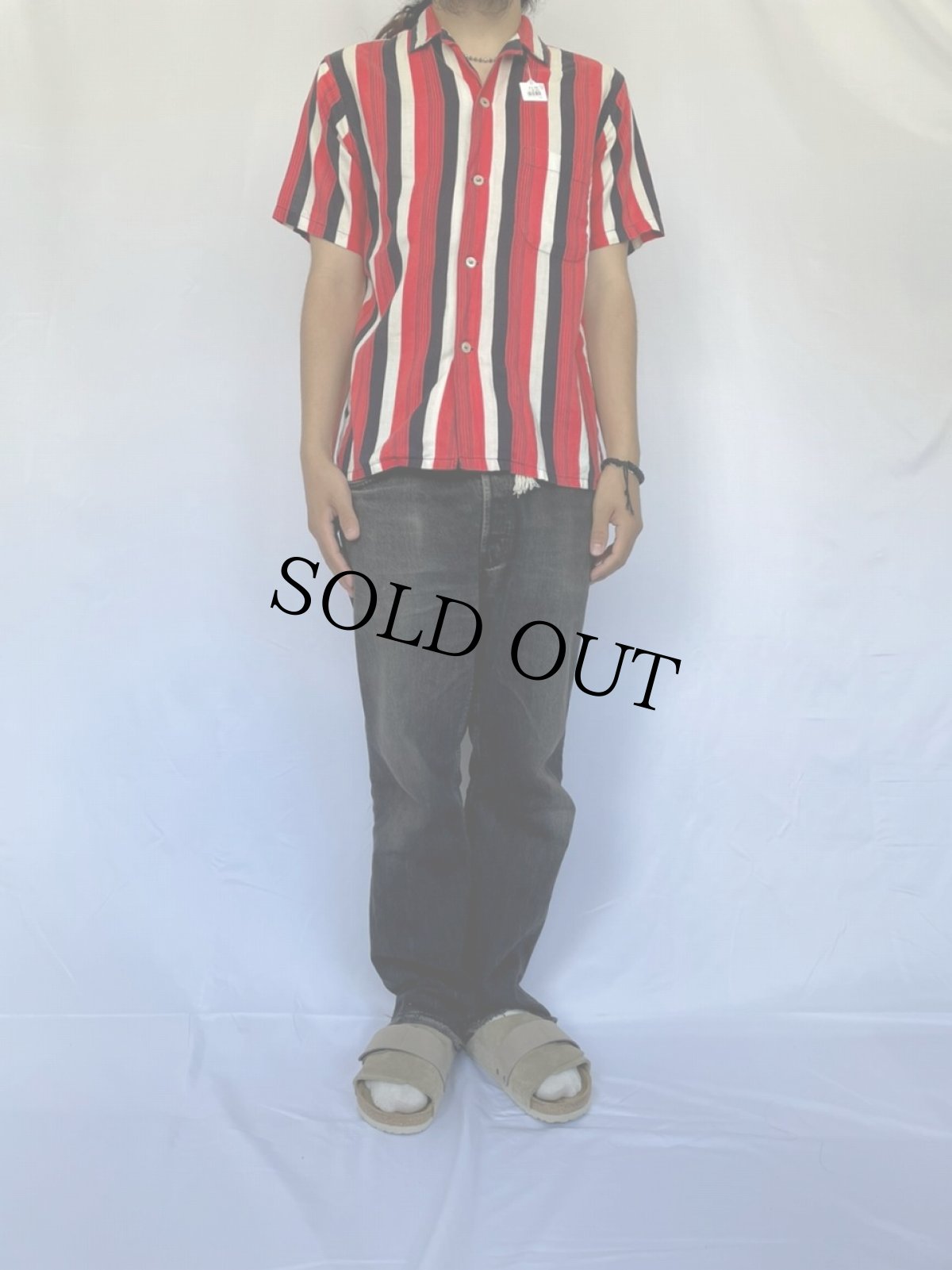 画像2: 50〜60's Manhattan マルチストライプ柄 オープンカラーシャツ M (2)