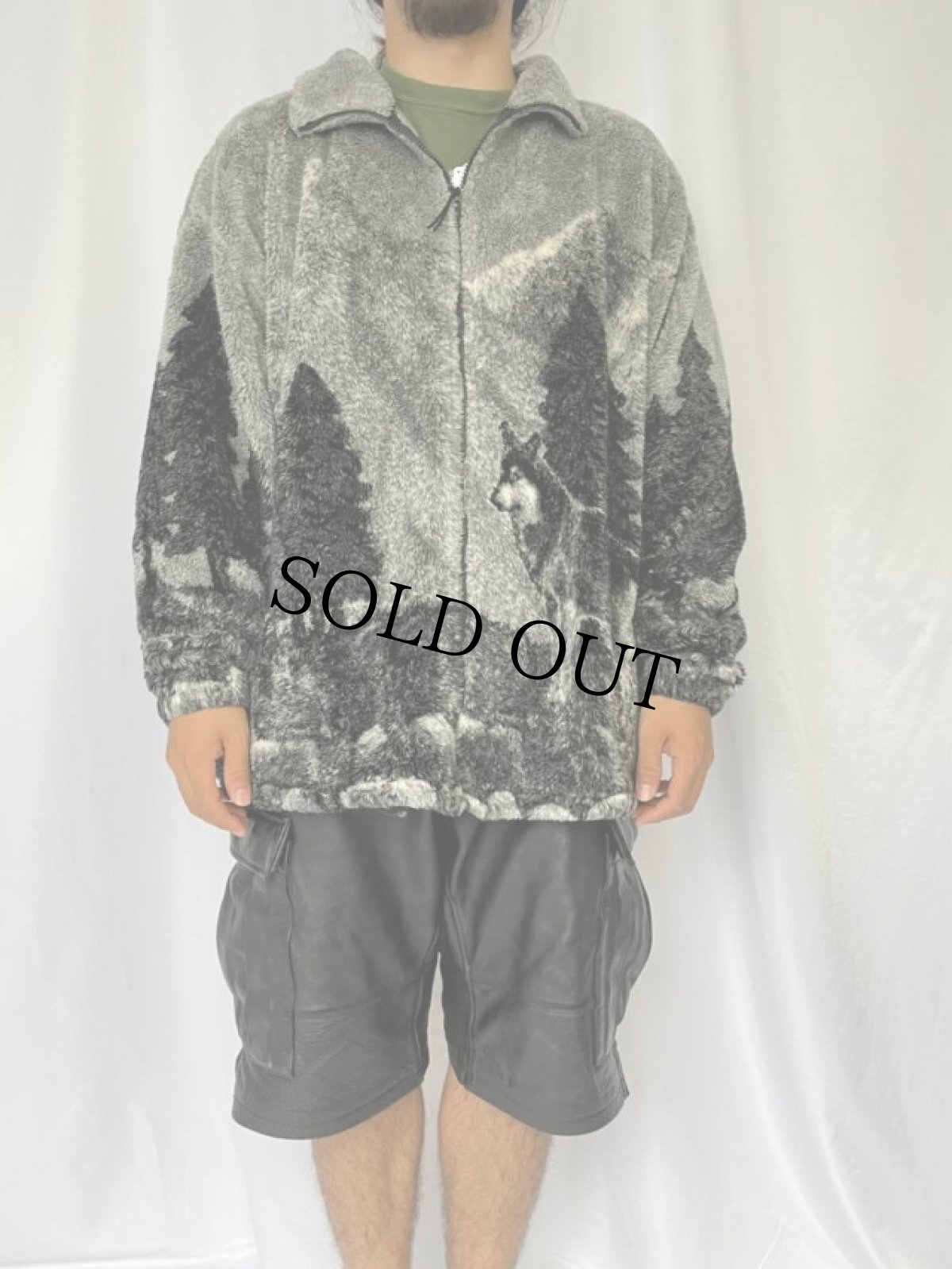 画像2: BLACK MOUNTAIN USA製 オオカミ柄 フリースジャケット XL (2)