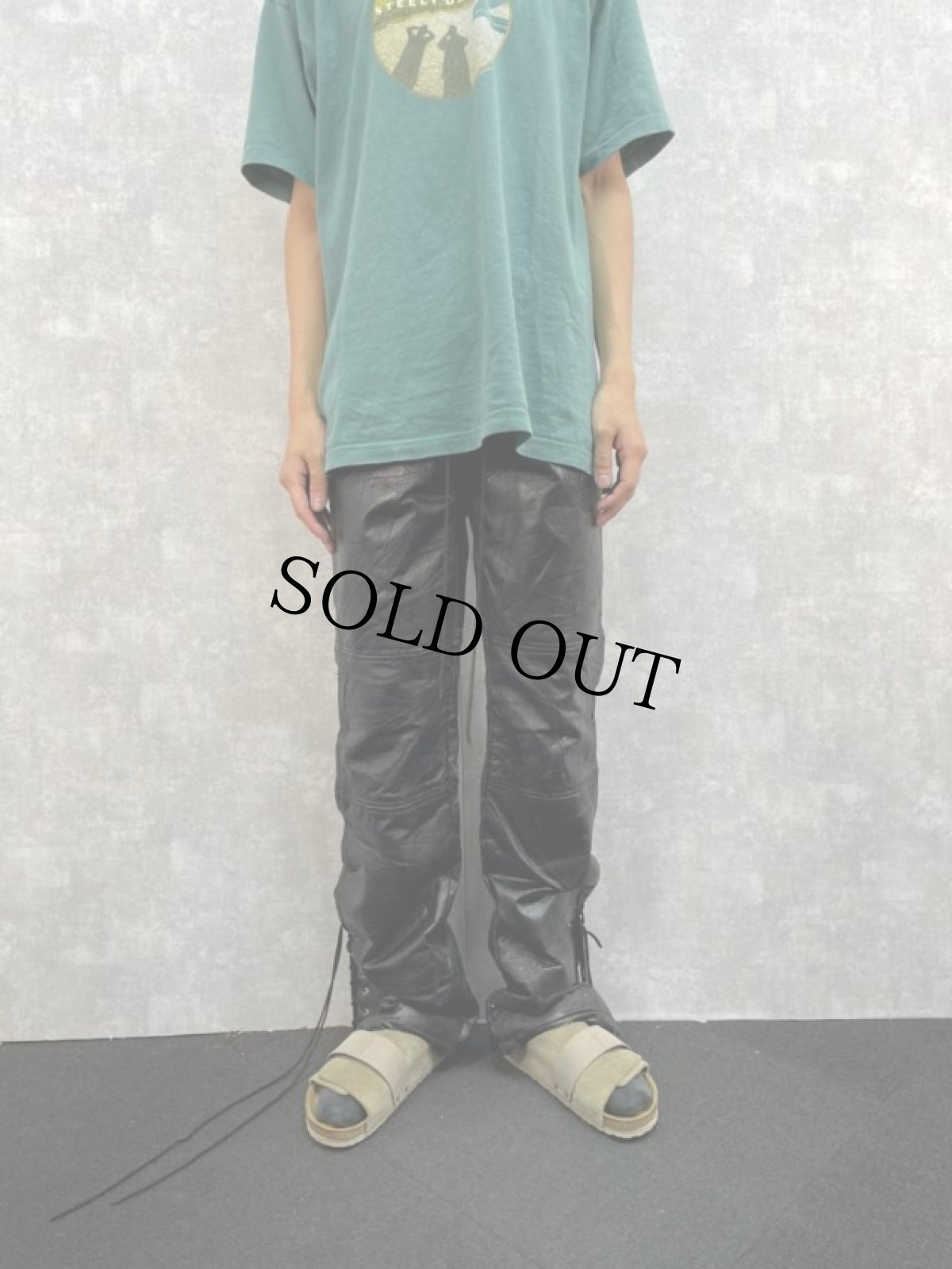 画像2: VINTAGE パッチワーク風ステッチデザイン レースアップフレアレザーパンツ W31 (2)