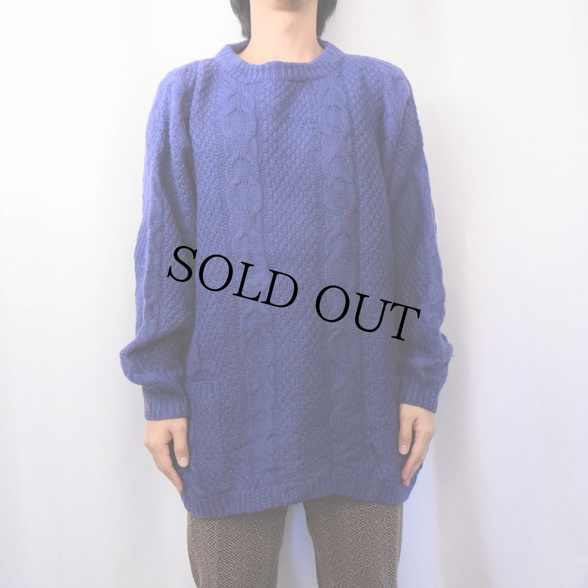 画像2: 80's L.L.Bean ポケット付き ウールアランニットセーター L (2)