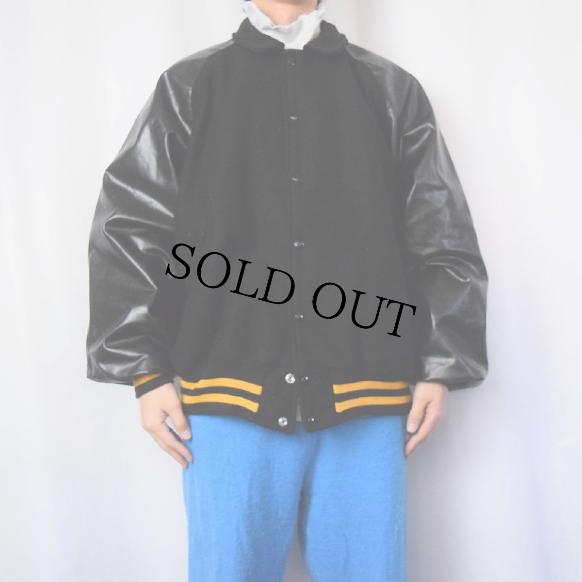 画像2: 90's awaeds USA USA製 フェイクレザー×メルトンウールスタジャン BLACK XXL (2)