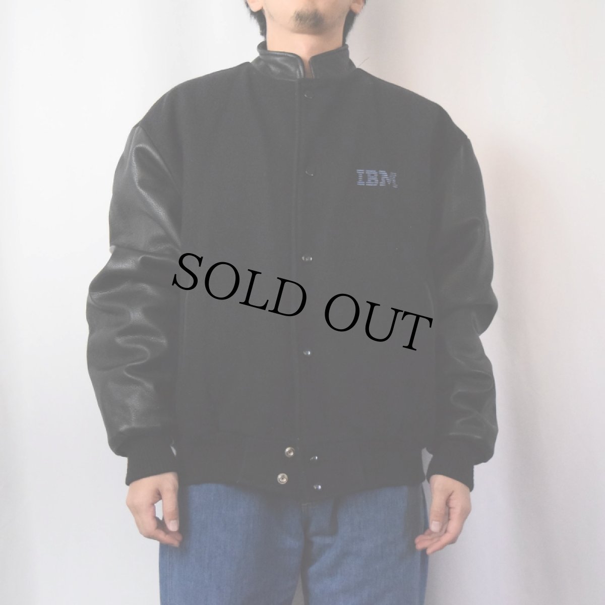 画像2: 90's AJ WEAR CANADA製 "IBM" ロゴ刺繍 メルトン×レザースタジャン BLACK XL   (2)