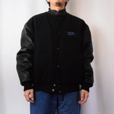 画像2: 90's AJ WEAR CANADA製 "IBM" ロゴ刺繍 メルトン×レザースタジャン BLACK XL   (2)