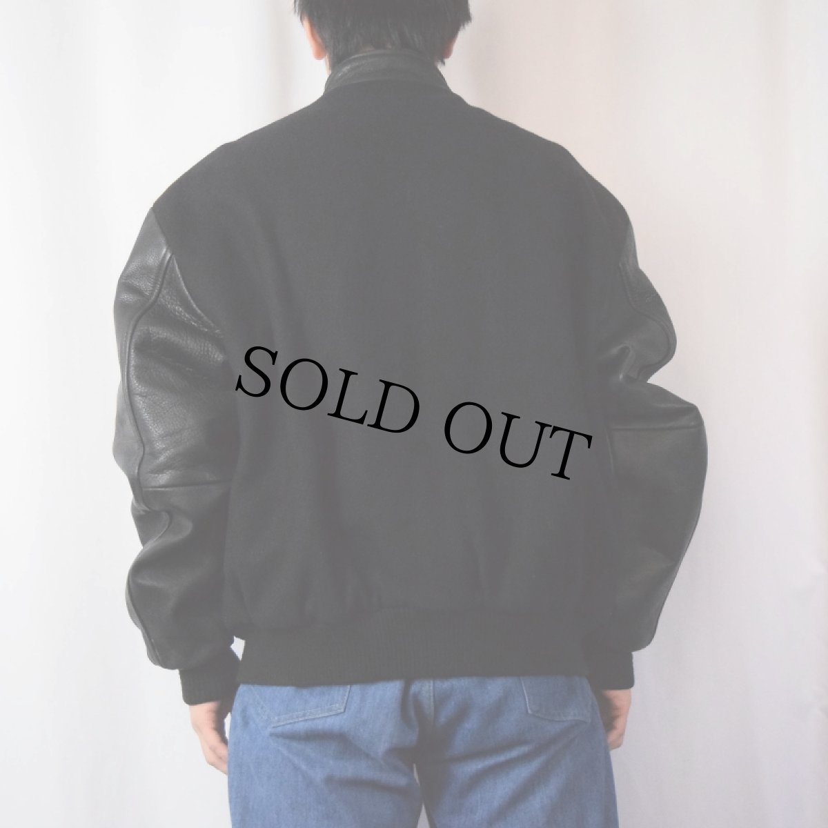 画像3: 90's AJ WEAR CANADA製 "IBM" ロゴ刺繍 メルトン×レザースタジャン BLACK XL   (3)