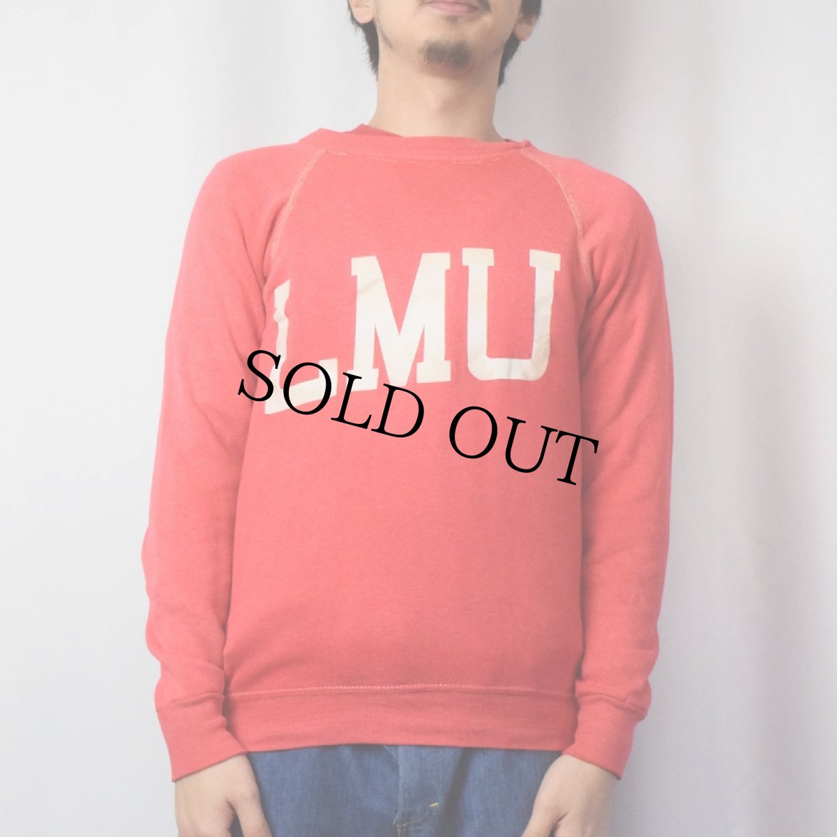 画像2: 70's collegiate pacific "LMU" フロッキープリントラグランスウェット PINK (2)