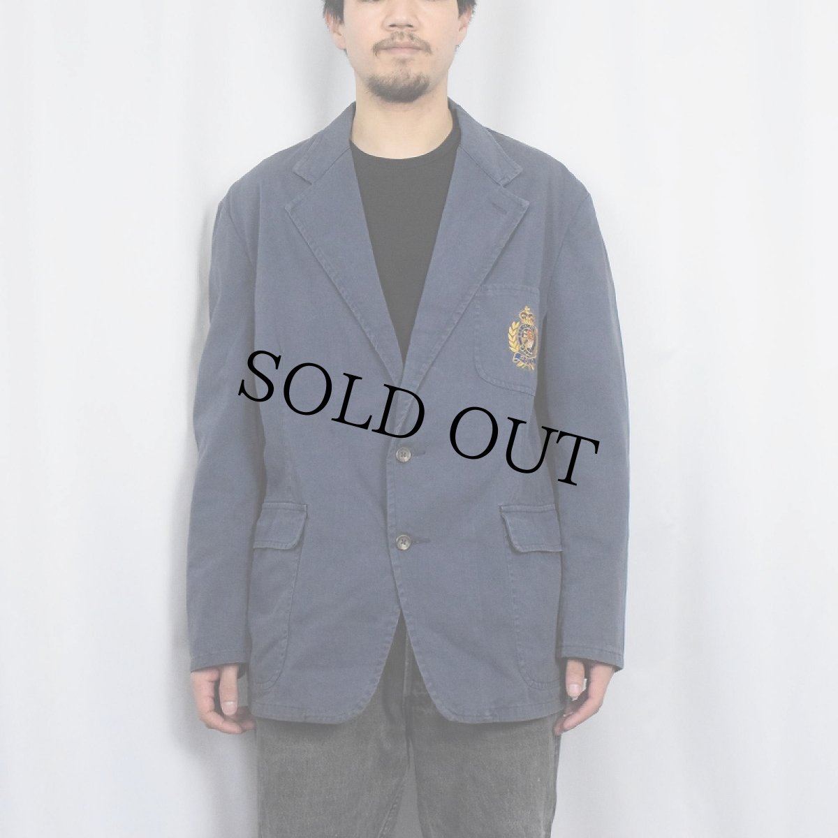 画像2: 90's POLO Ralph Lauren USA製 エンブレム刺繍 コットンテーラードジャケット NAVY SIZE44 (2)
