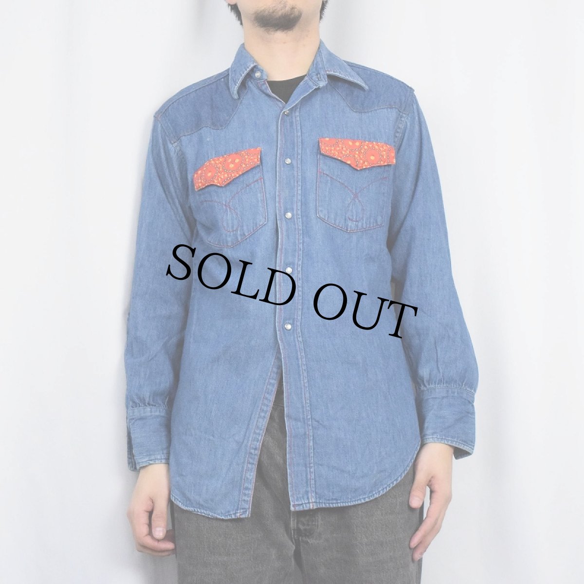 画像2: 70's JCPenney "RANCHCRAFT" 花柄 切り替えデザイン デニムウエスタンシャツ (2)