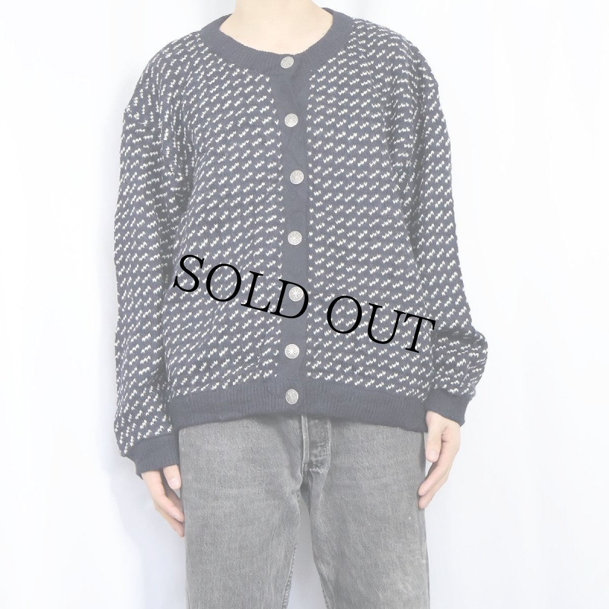 画像2: 70〜80's L.L.Bean NORWAY製 バーズアイ柄 ウールニットカーディガン NAVY XL (2)