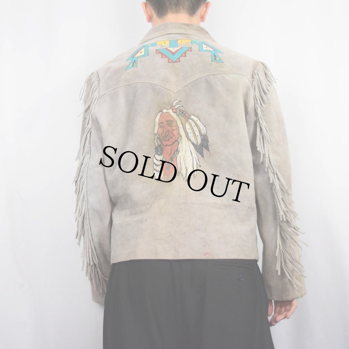 画像4: 70's PIONEER WEAR ハンドぺイント フリンジ付き スエードレザージャケット SIZE44 (4)