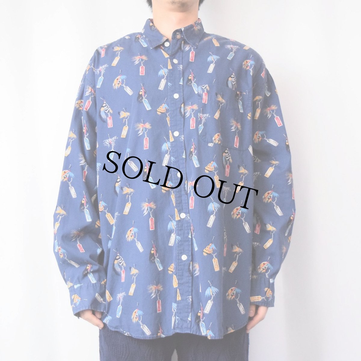 画像2: 90's BANANA REPUBLIC ルアー 総柄 コットンシャツ L (2)