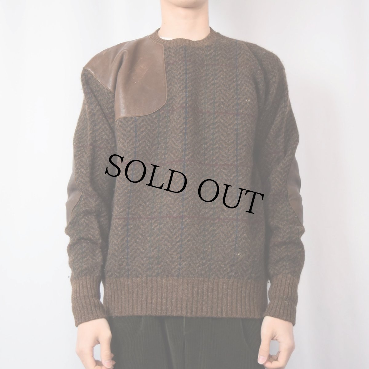 画像2: POLO Ralph Lauren ヘリンボーンチェック柄 ガンパッチ付き ウールニットセーター L (2)