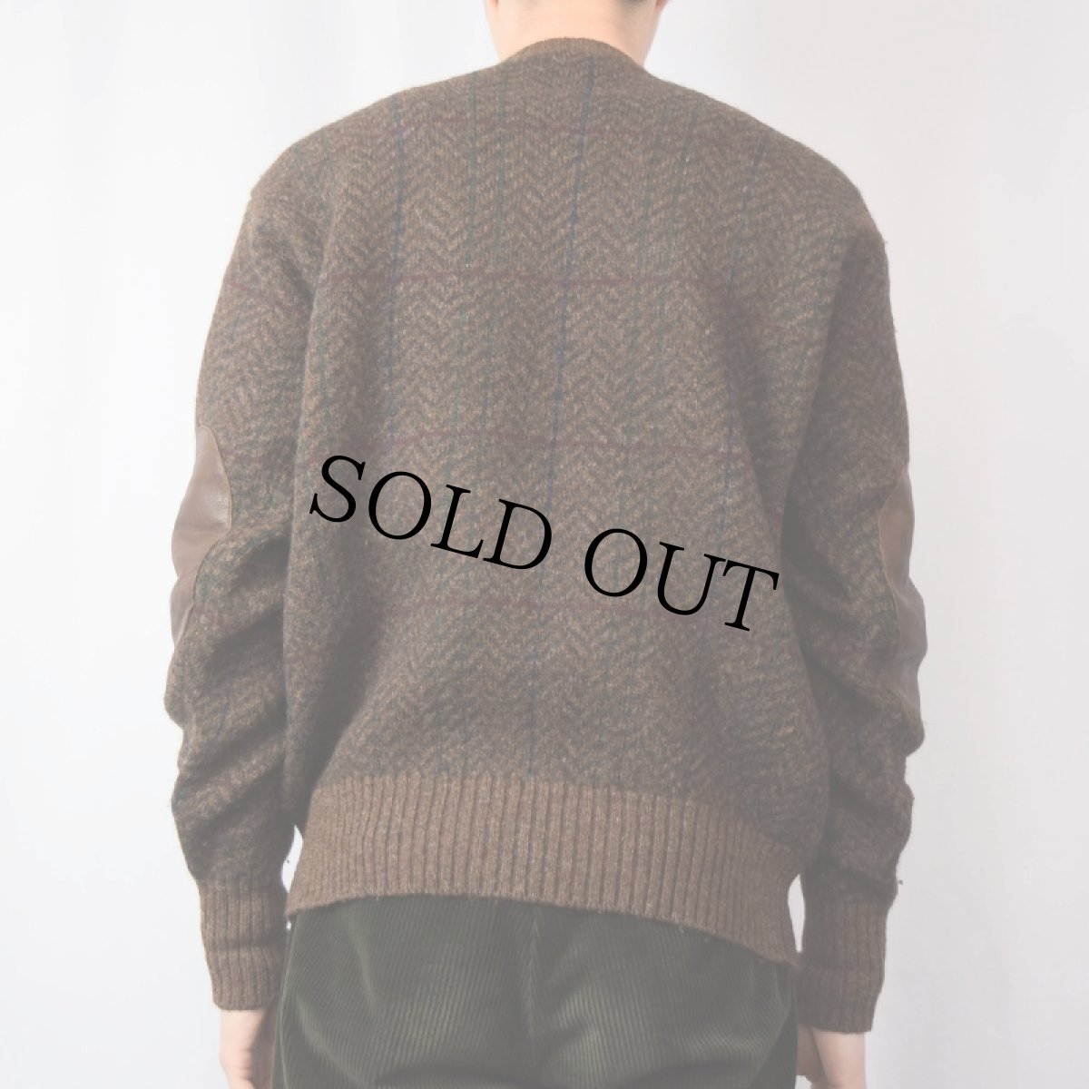 画像3: POLO Ralph Lauren ヘリンボーンチェック柄 ガンパッチ付き ウールニットセーター L (3)