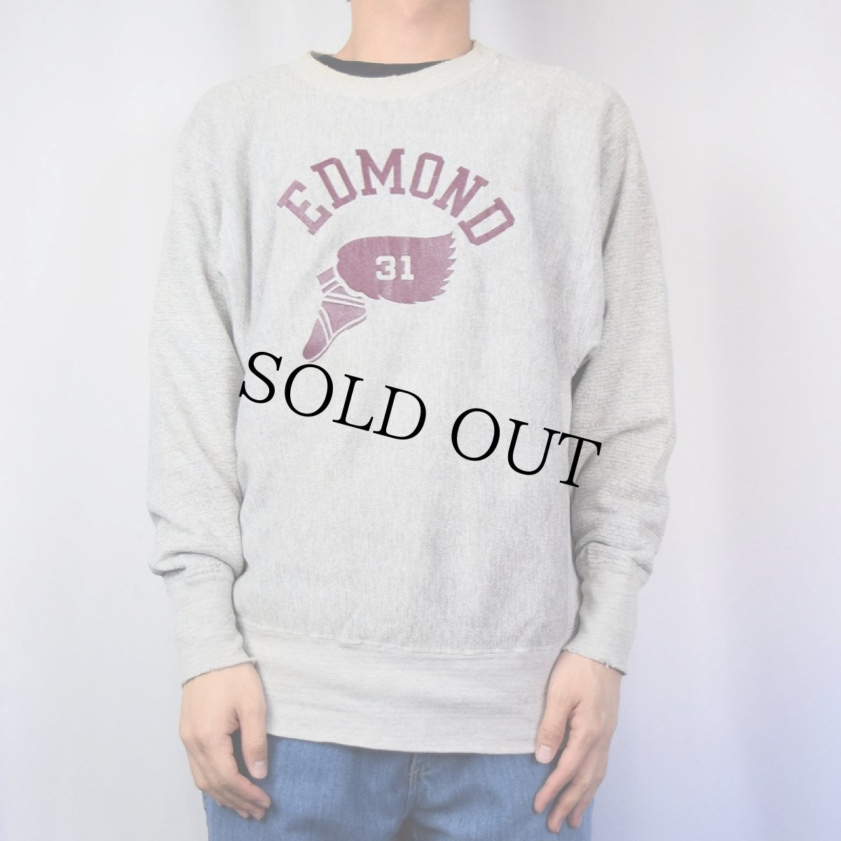 画像2: 70's Champion 青単色タグ REVERSE WEAVE USA製 "EDMOND" ウィングフットプリントスウェット L (2)